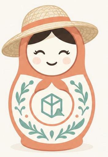 Nika OS — matryoshka poupée russe avec chapeau de paille, logo BCUB3 cube isométrique au cœur